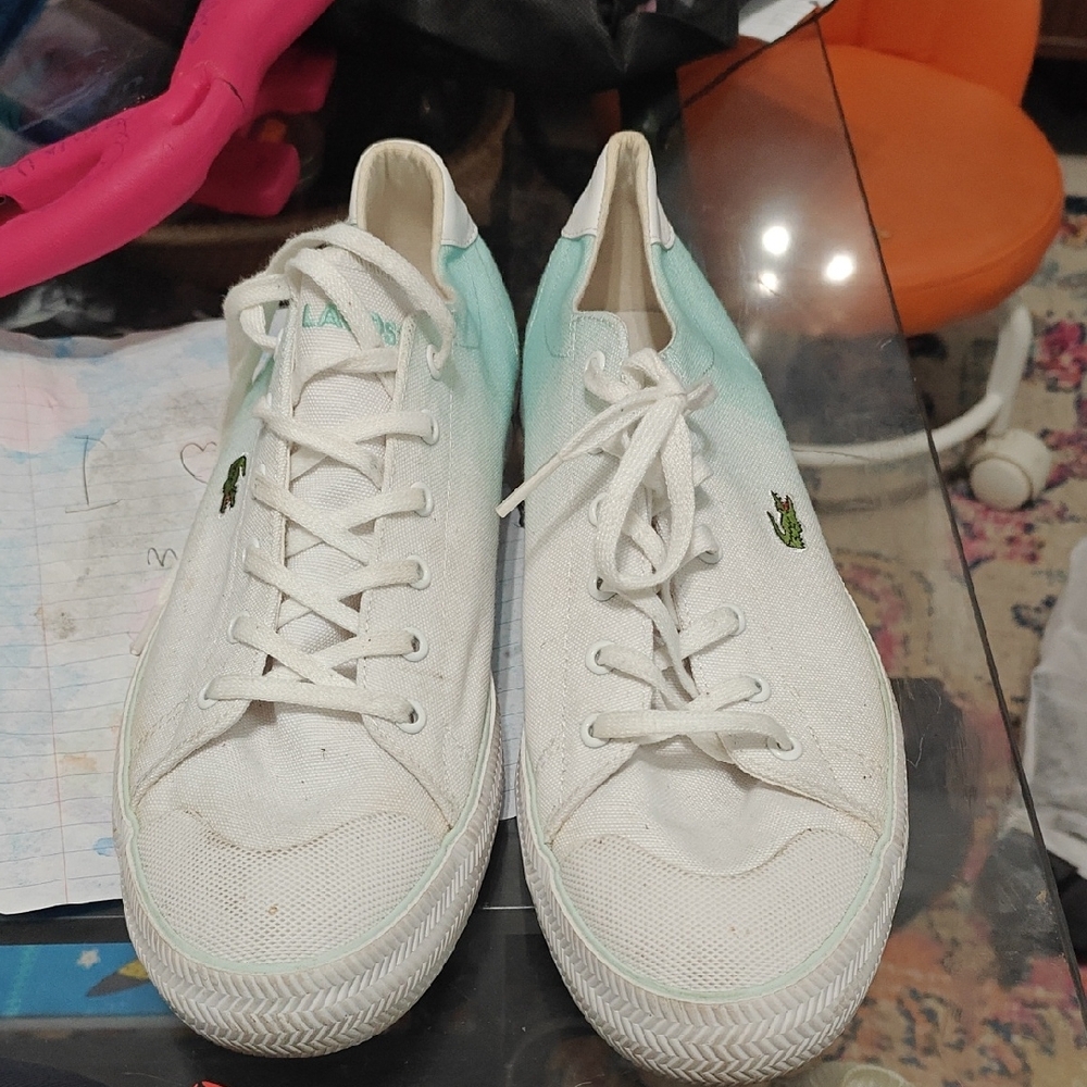 Lacoste White and Light Green Canvas Sneakers